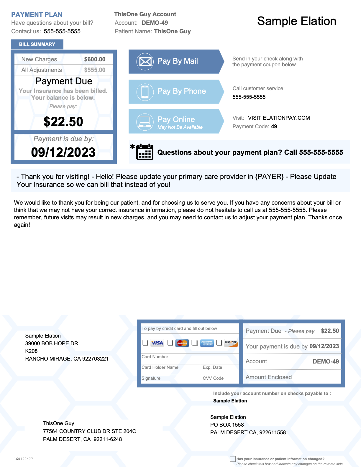 Sample payment plan statement showing 22.50 due by 09/12/2023, with blue "PAYMENT PLAN" header, bill summary, and pay-by-mail, phone, and online options.