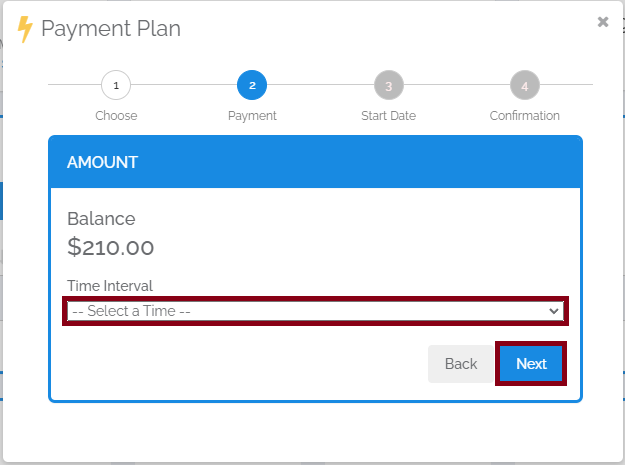 Payment Plan step 2 of 4 (Payment), showing a 210.00 balance and a required "Select a Time" dropdown highlighted in red, with Next button active.